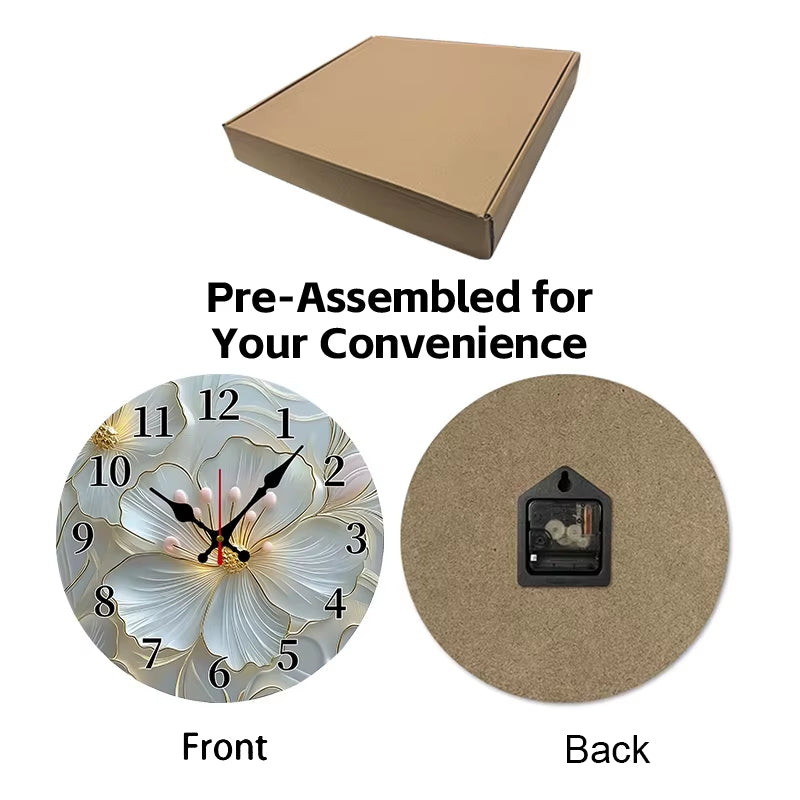 Golden & Pink Floral Wooden Round Silent Hanging Wall Clock