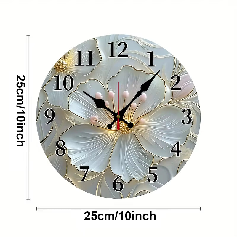 Golden & Pink Floral Wooden Round Silent Hanging Wall Clock
