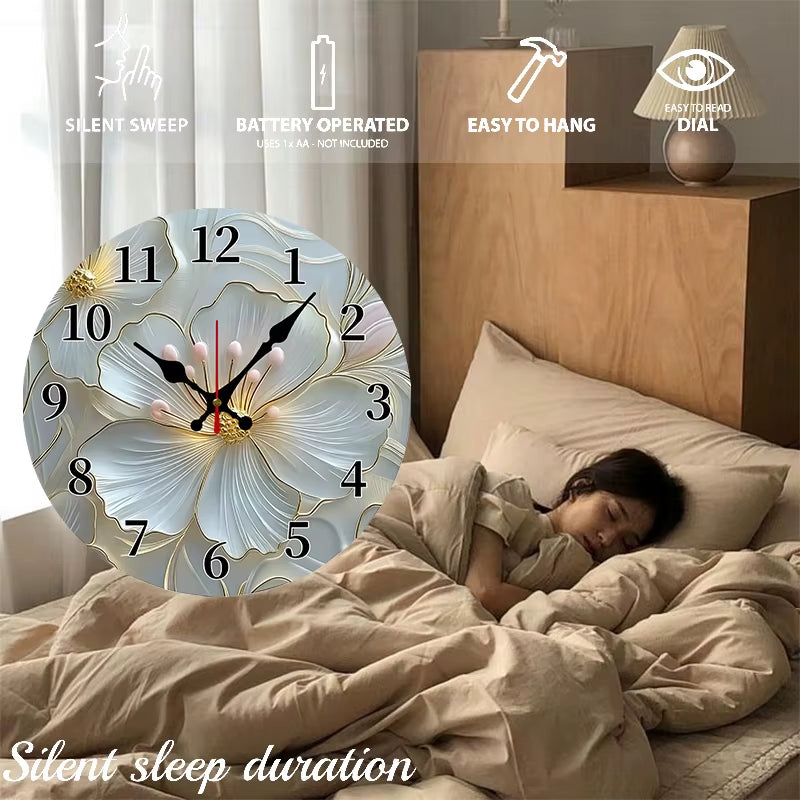 Golden & Pink Floral Wooden Round Silent Hanging Wall Clock