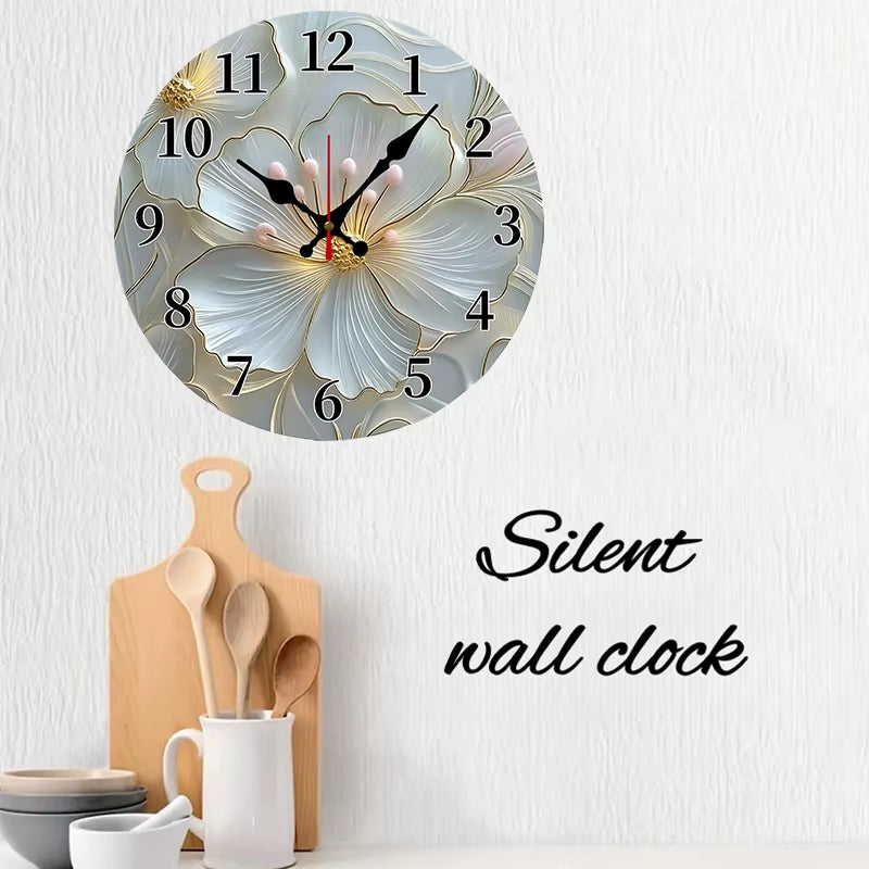 Golden & Pink Floral Wooden Round Silent Hanging Wall Clock